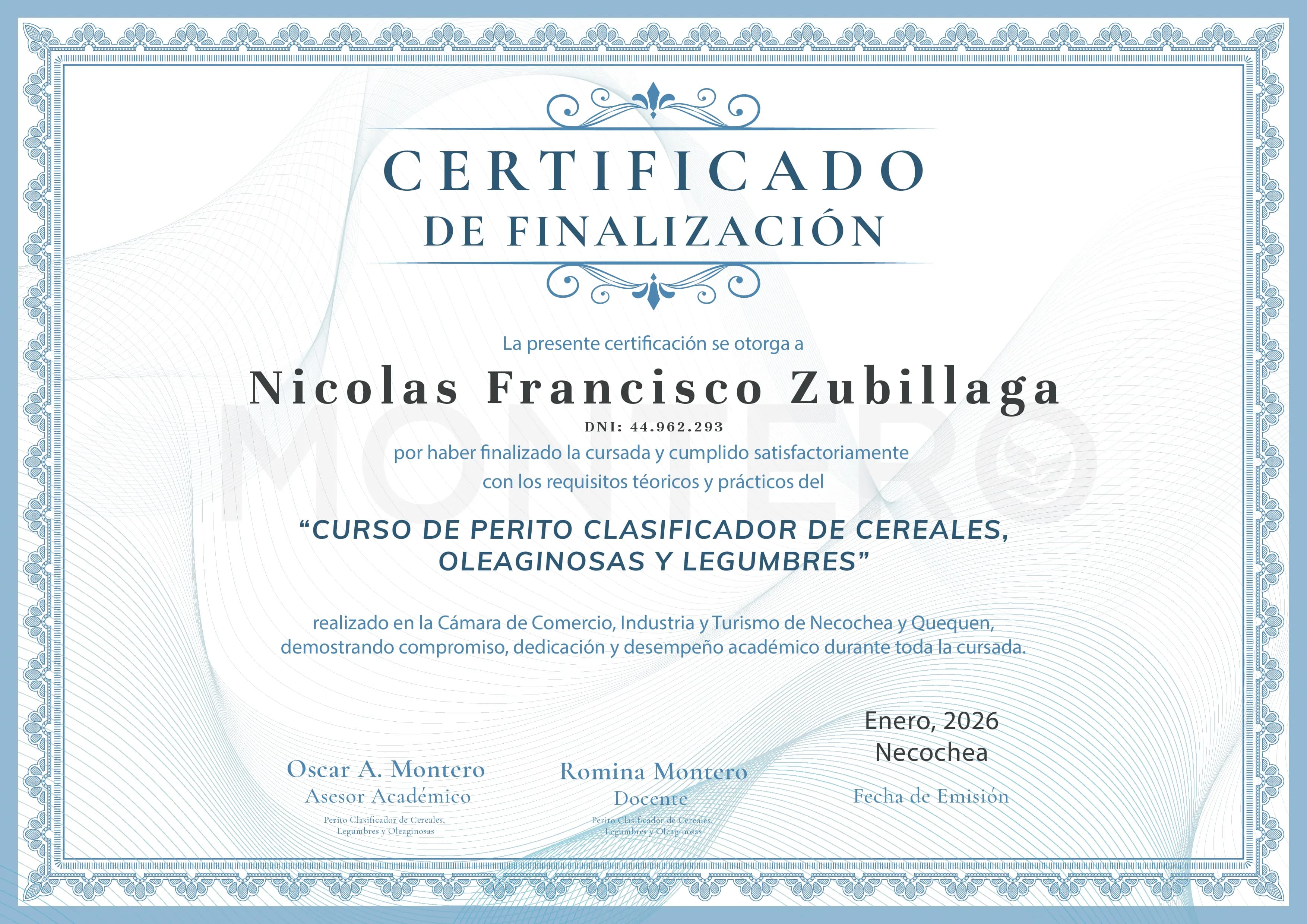 Certificado de finalización emitido por Instituto Montero