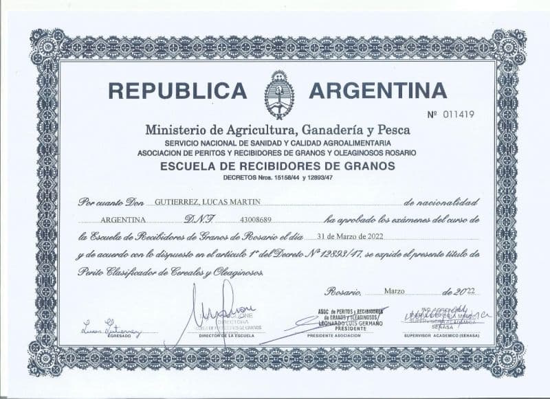 Título oficial emitido por SENASA