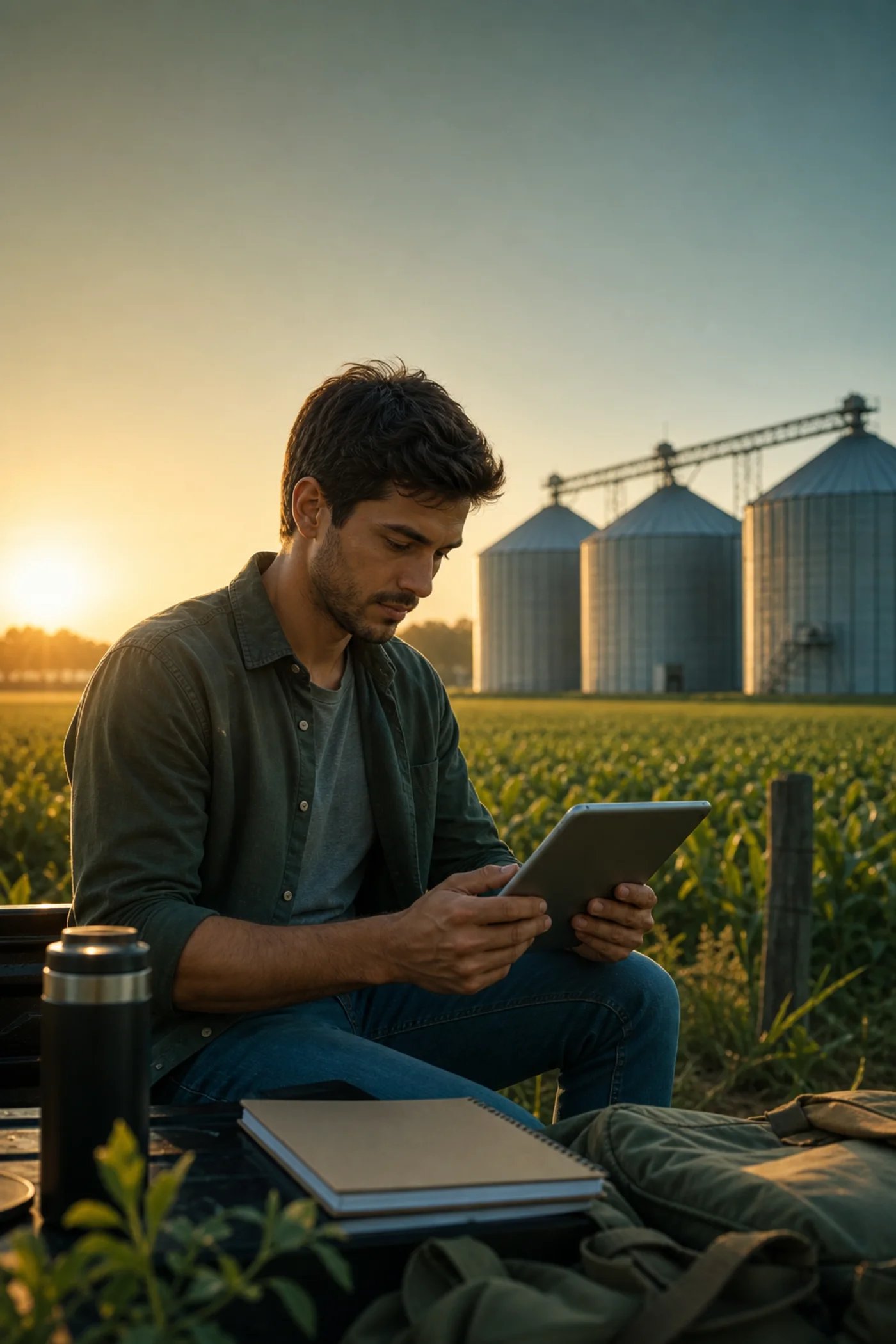 Estudiante utilizando una tablet en un entorno agropecuario